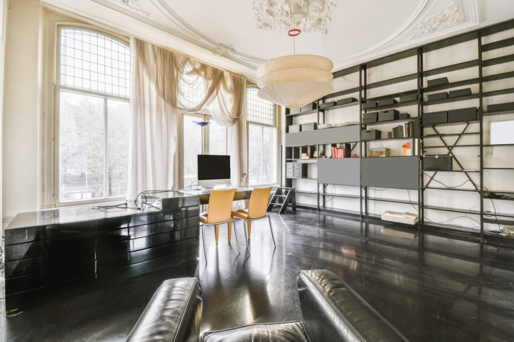 Amazing work room with black floor